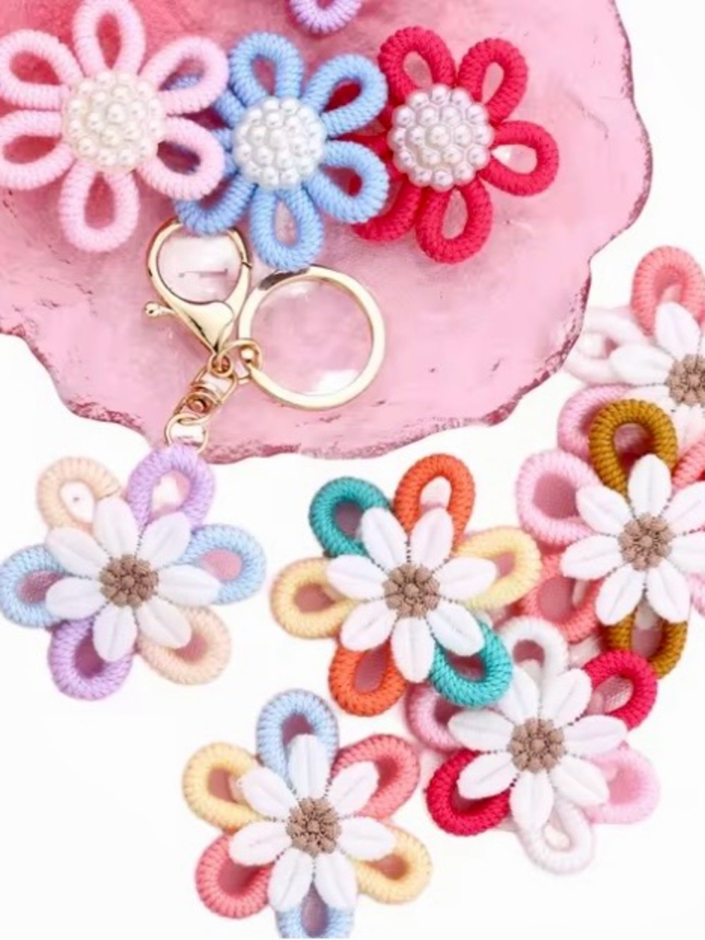 SET OF 3 CROCHETED BOHEMIAN FLOWER MACRAME BAG CHARMS / KEY CHAINS - Picture 2 of 4